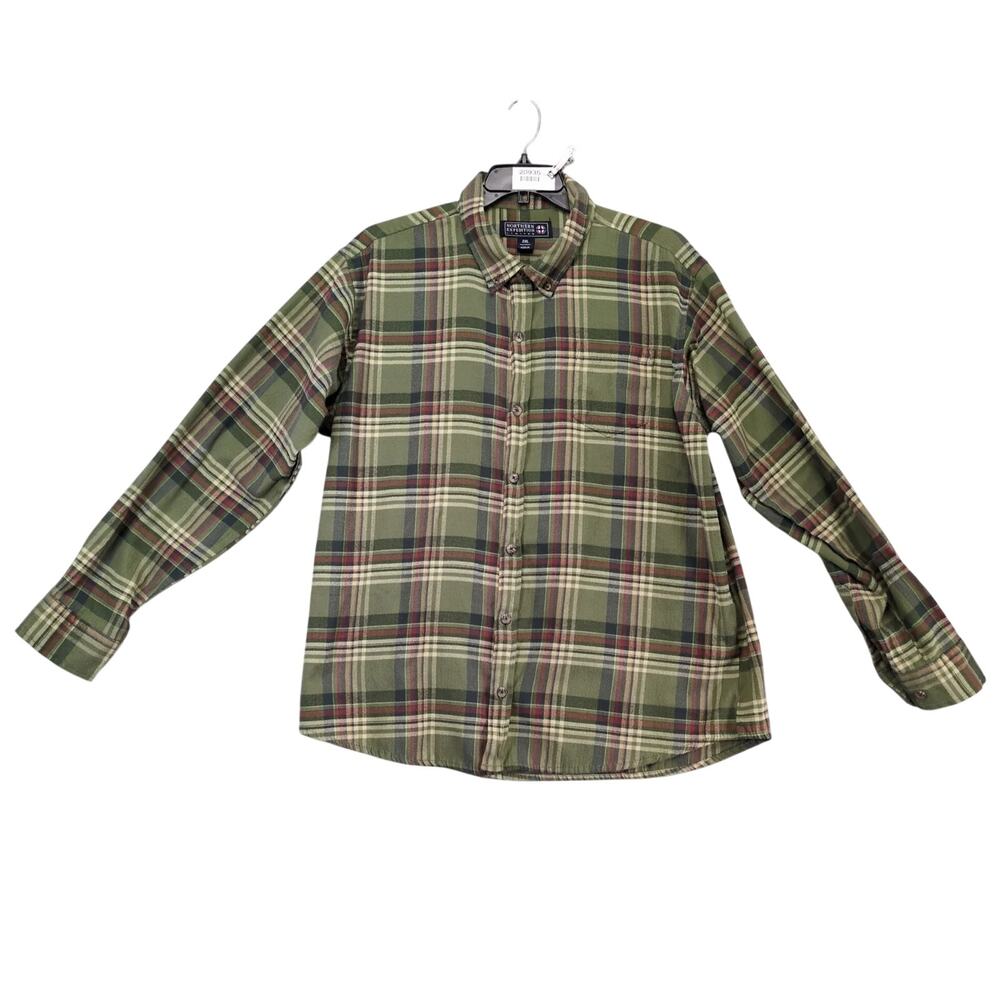 Vtg 90s Y2K Northern‎ Expedition Green Plaid Flannel Button Down Shirt Men's 2XL